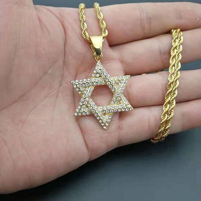 Nové 1ks Hip Hop Zlatá Barva Nerezová Ocel Náhrdelníky s Kamínky Židovská Hvězda Davidova Hexagram Přívěsek Náhrdelník pro Muže Rapper
