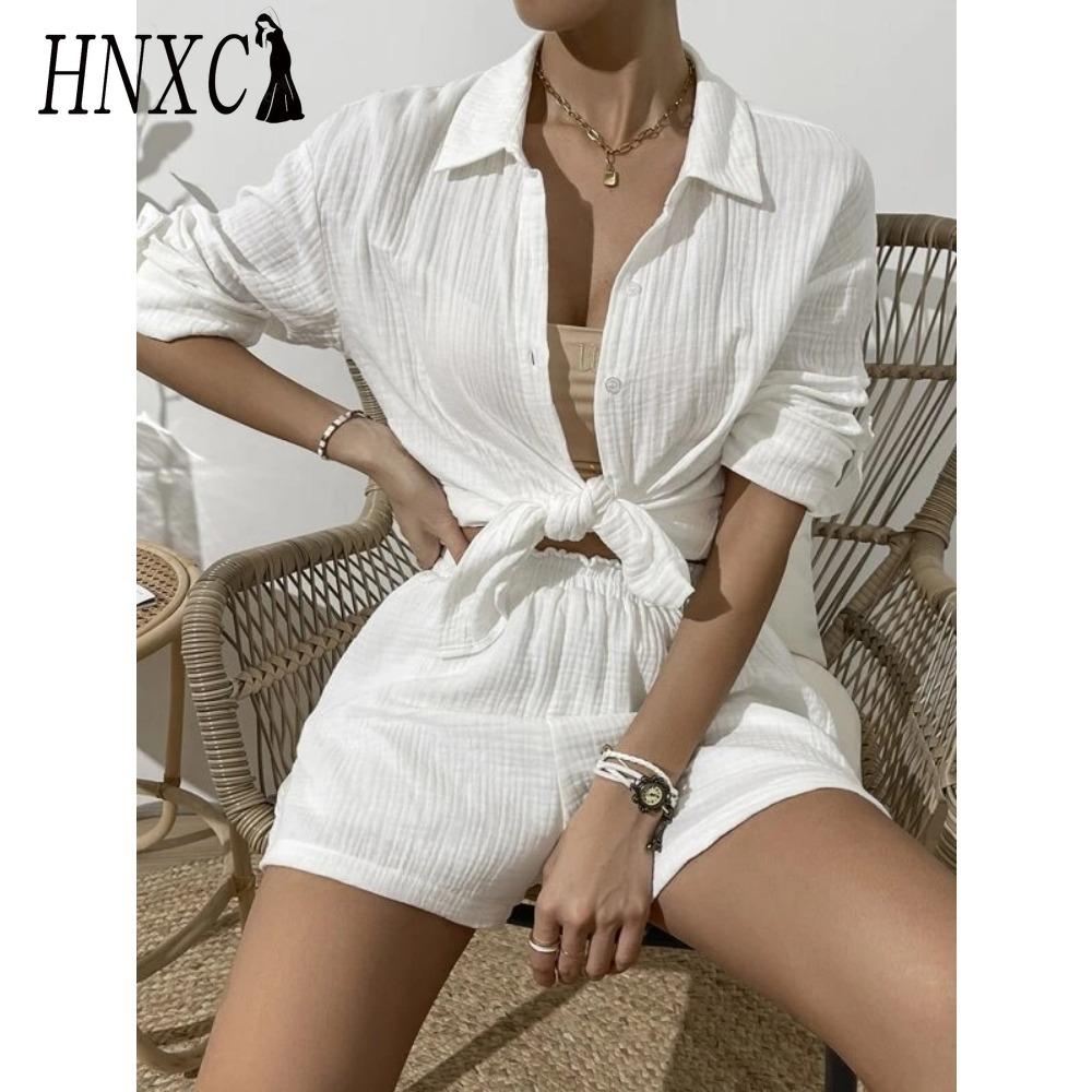 HNXC Damen Frühling und Sommer Mode Einfarbig Langarmhemd Anzug Damen Lässig Locker Shorts Zweiteiliges Set