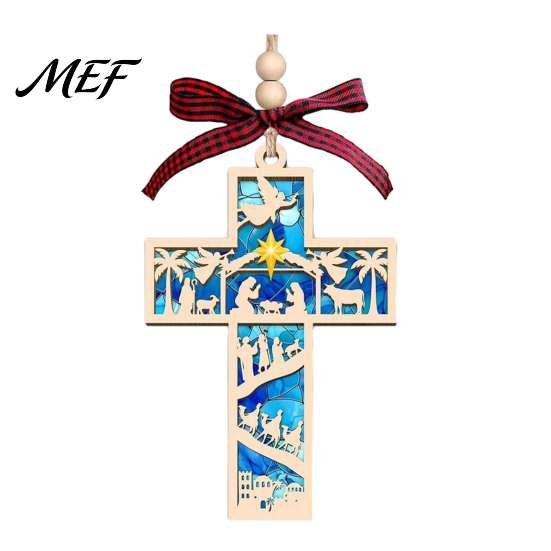 Plaid Bow Xmas Ornament Christmas Wooden Hollowed Pendant, Cross/Christmas Tree Hanging Ornament, Decorative Book Decoration Decor Craft for