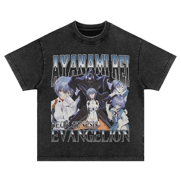 EVA 01 Herren Streetwear T-Shirt Vintage Gewaschen Übergroß Y2K Anime Bedrucktes T-Shirt Damen Harajuku Baumwolle Lässig Kurzarm Kleidung