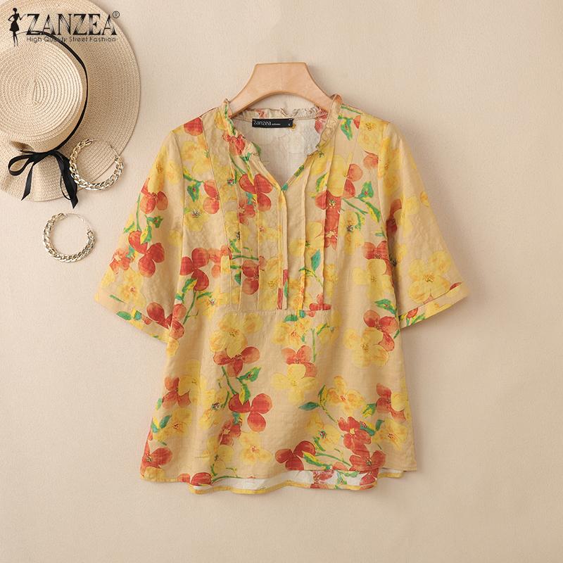 ZANZEA Blusa da Donna Casual con Scollo a V, Stampa Floreale, Vestibilità Larga, Manica a Metà