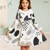 Girls High Neck Long Sleeve Printed Dress Furry Trim Bow A Line Flared Hem