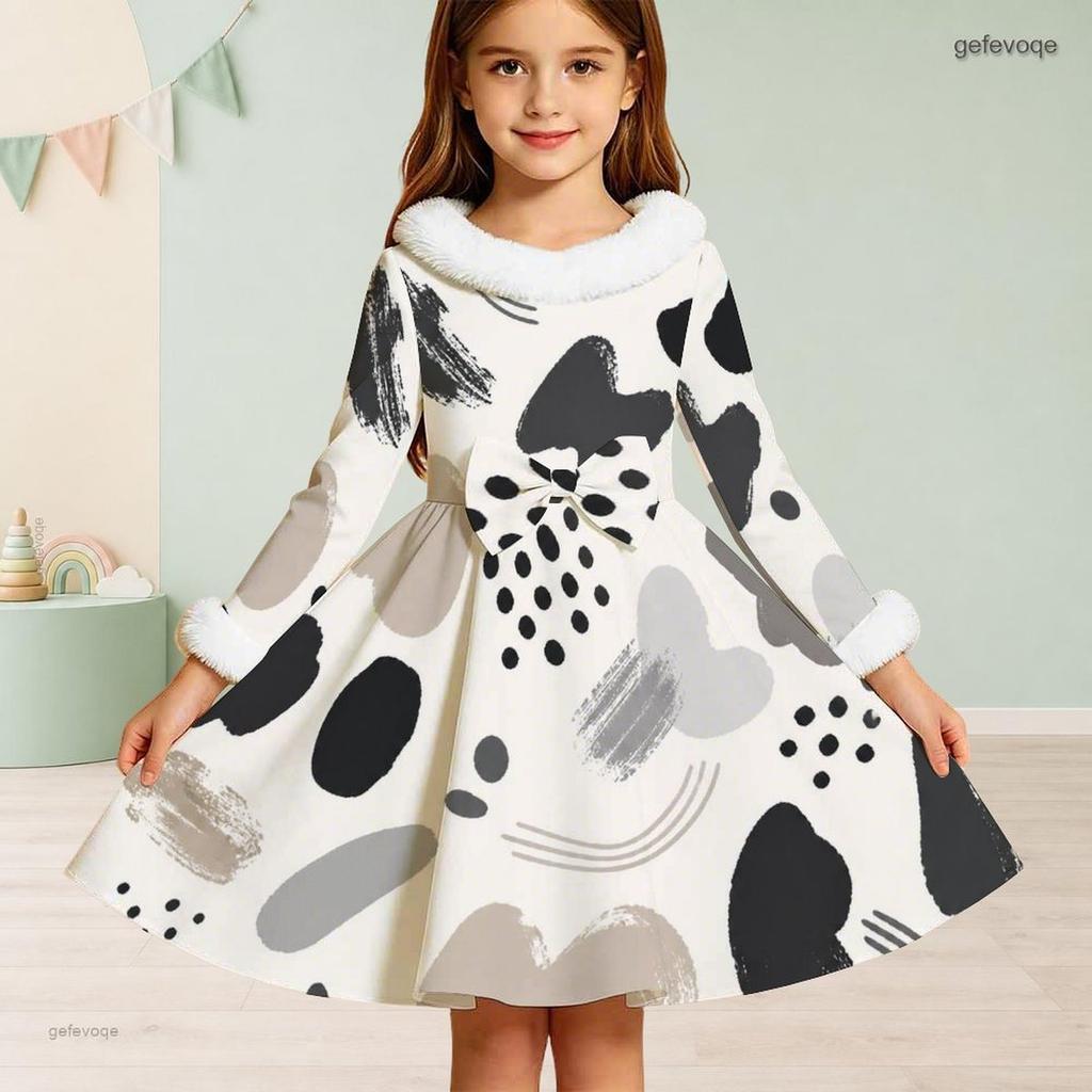 Girls High Neck Long Sleeve Printed Dress Furry Trim Bow A Line Flared Hem