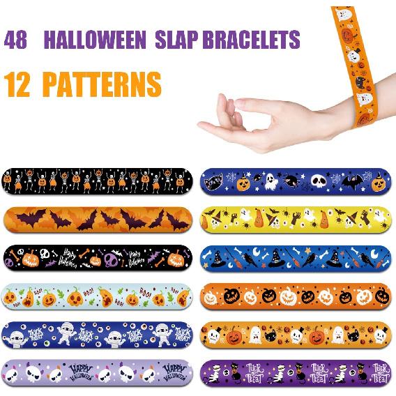 CCINEE 48pcs Halloween Slap Bracelets,Kids Snap Bracelet Wristbands with Assorted Bulk Pumpkin Zombie Skull Ghost Witches for Trick or Treat Gift Bag