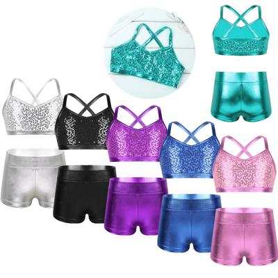 Girl Gymnastics Dance Crop Tank Top with Shorts Set for Active Wear Swimwear Dancewear 2Pcs/Set