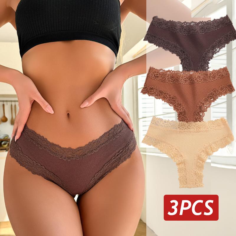 3PCS/Set Sexy Lace Panties for Women Cotton Brazilian Panties Female Low Rise Breathable Underwear Solid Colors Floral Lingerie