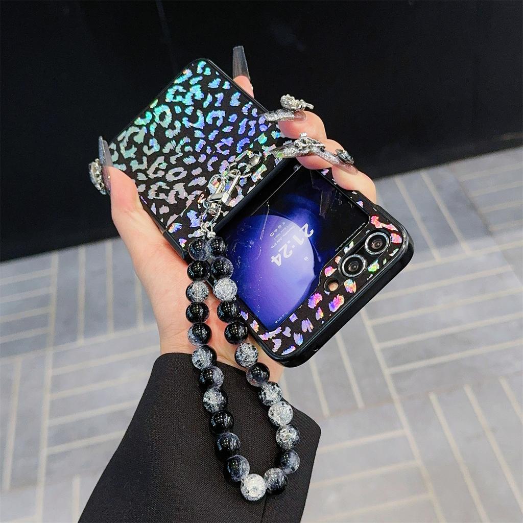 For Samsung Galaxy Z Flip7 FE 5G/Z Flip6 5G Case Leopard Print Leather+PC Phone Cover with Beaded Strap