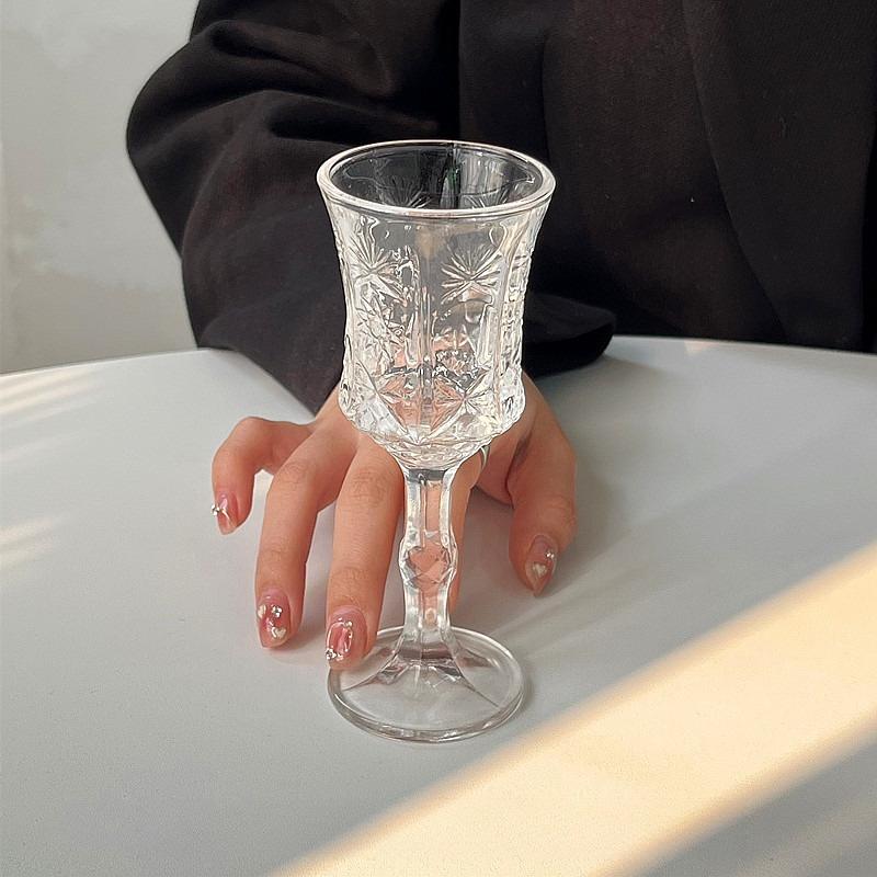 Ins Cute Cup Horn Transparent Glass Goblet Large Opening Simple Red Wine Glass Embossed Champagne Cold Drink Cup