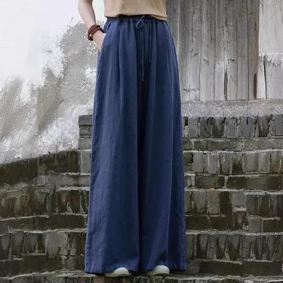 Pamuk ve Keten Bol Paça Pantolon Kadın Edebi Retro Drape Pantolon İlkbahar ve Yaz Rahat Pantolon