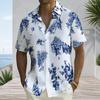 Men Plus Size White Collared Neck Button Front Short Sleeve Shirt Blue Floral Print