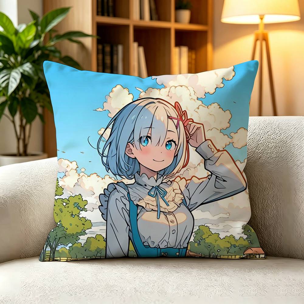 RReZERO Rem Blue Hair Oni Girl Square DoubleSided printed Pillow Case Bedroom Bedside Pillow Sofa Cushion Cover