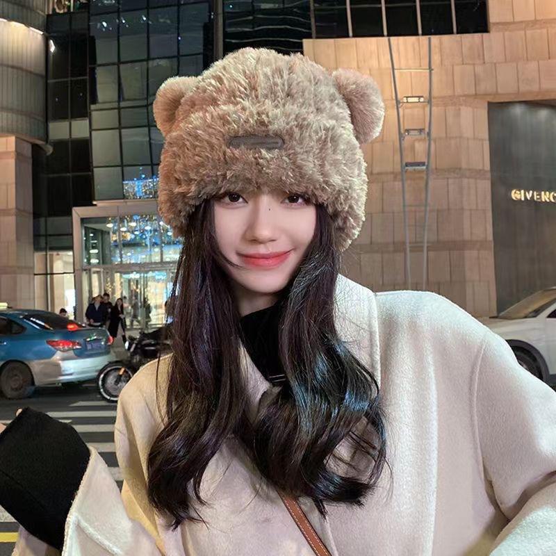New women's winter plush warm thickened knitted hat wool stripes show small face big head circumference ear protectors stacking hat