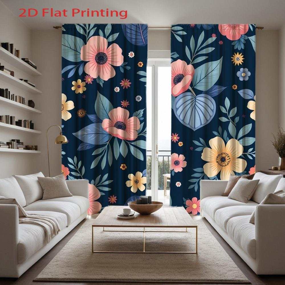 2D Flat   2pcs   2D Flat Printing Floral Print Curtains with Dark Blue Background Pink Yellow Flowers and Green Leaves - Velvet Fa