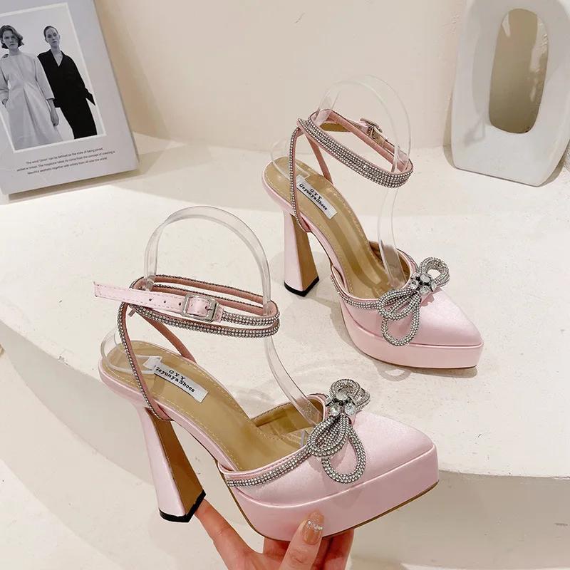 Fashion Sexy Ankle Buckle Back Strap Thick High Heel Sandals Womens High Quality Pointed Platform Rhinestone Butterfly-Knot Party Shoes