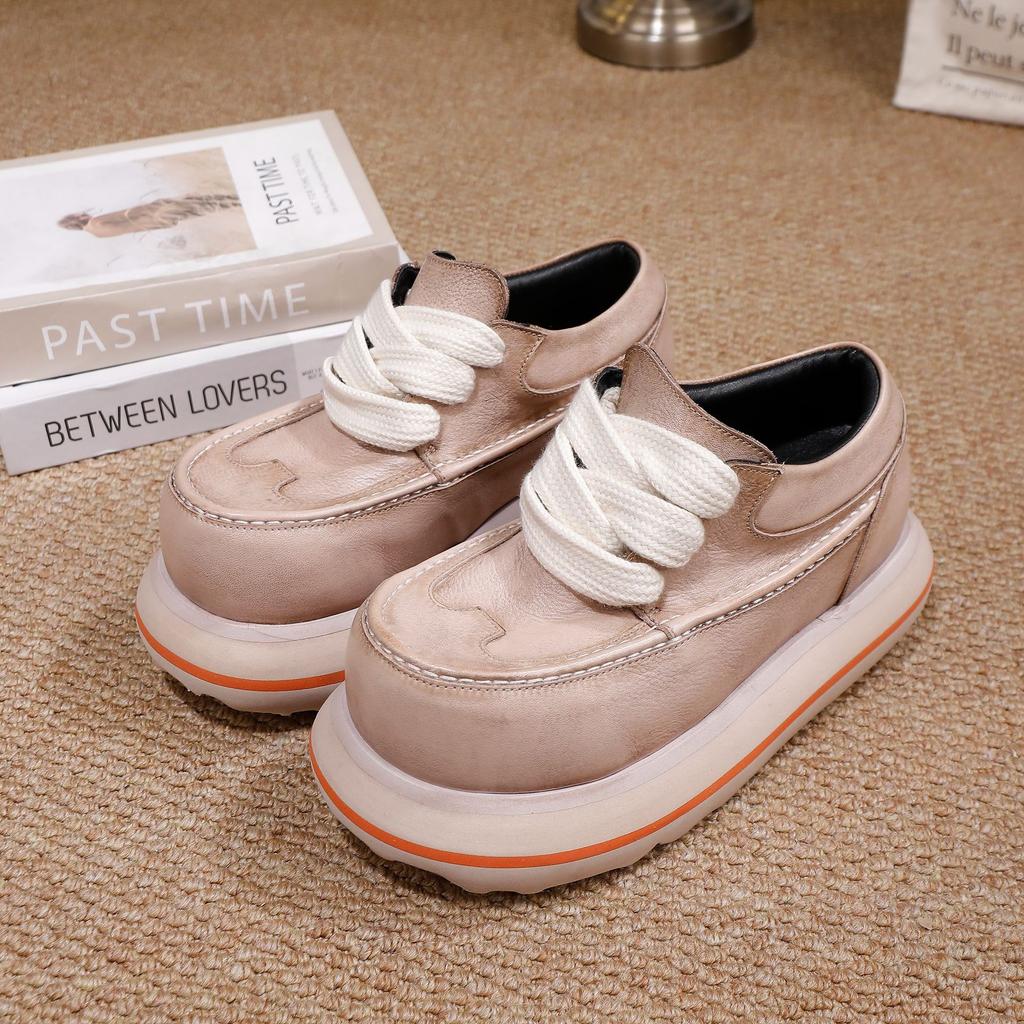 Johnature Genuine Leather Thick Soled Height Increasing Shoes Retro Lace Up Versatile High-heeled Pumps