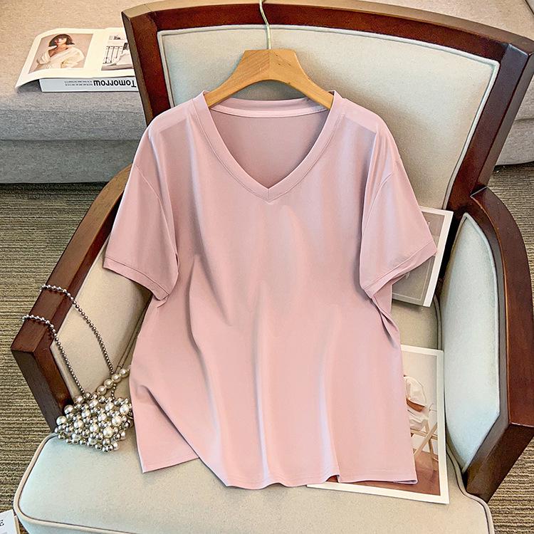 

Versatile Slimming V-Neck Quick-Dry Plus Size Women s Top - Summer Short Sleeve, Solid Color, 300 Jin Capacity 6XL (210-240 Jin) рожевий