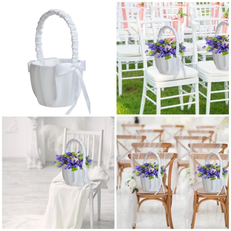 Romantics Wedding Basket Durability White Satins Flower Basket Handheld Basket for Bridal Ceremonies and Celebrations