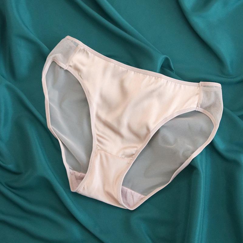 Tangge Silk Women's Mid-Waist Satin Panties with Lace and Breathable Mesh