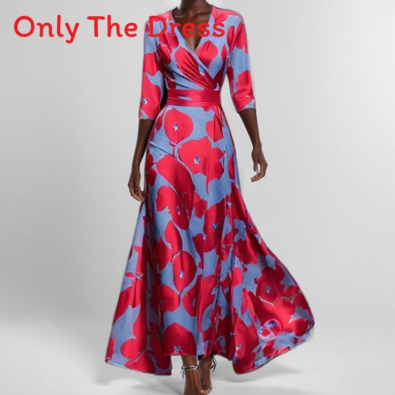 Elegant V Neck Print Pleated Long Dress For Women With Polyester Fabric And Office Style