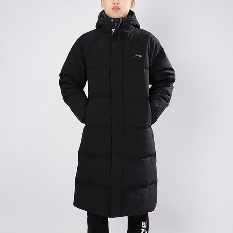 Lining Training Series Casual Windproof Warm Long Hooded Down Jacket Men Outerwear Black AYMR265-1