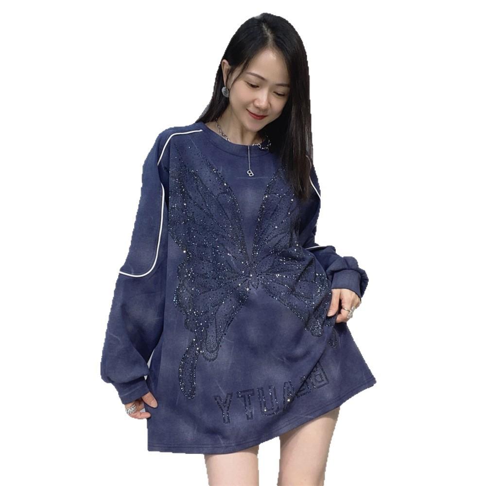 Women's Laid-back Style Round-neck Mid-length Long-sleeved Sweatshirt for Autumn and Winter Loose Large-sized Rhinestone Long-sleeved Top