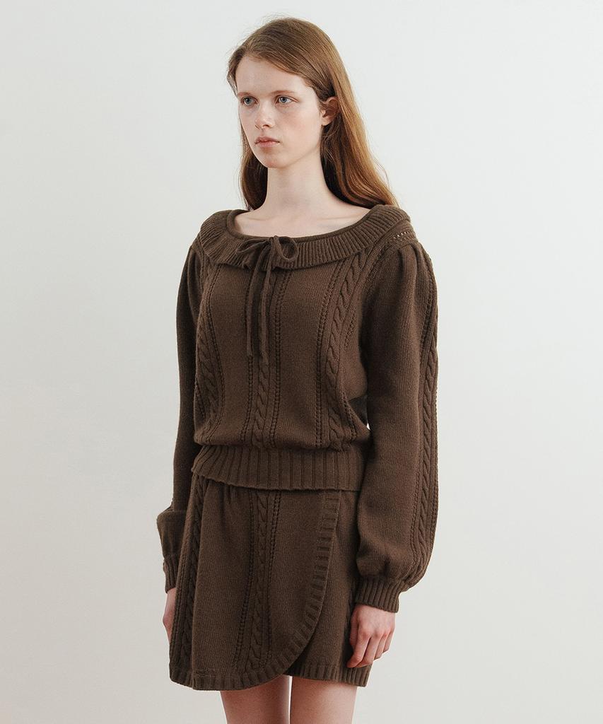 SINOON Ruffle Cable Knit Pullover (Brown)