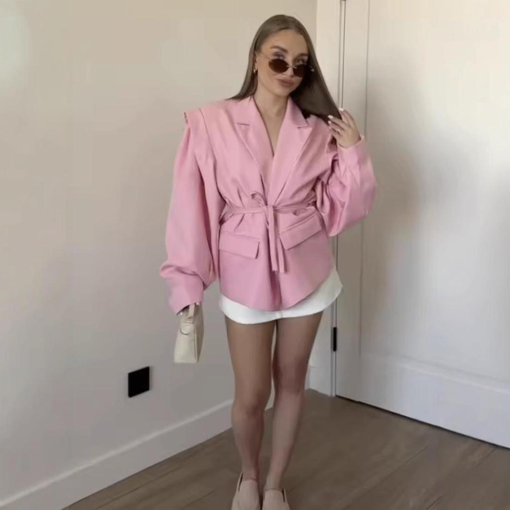 Women's Fashion Padded Shoulder Suit Jacket with Tie-Waist