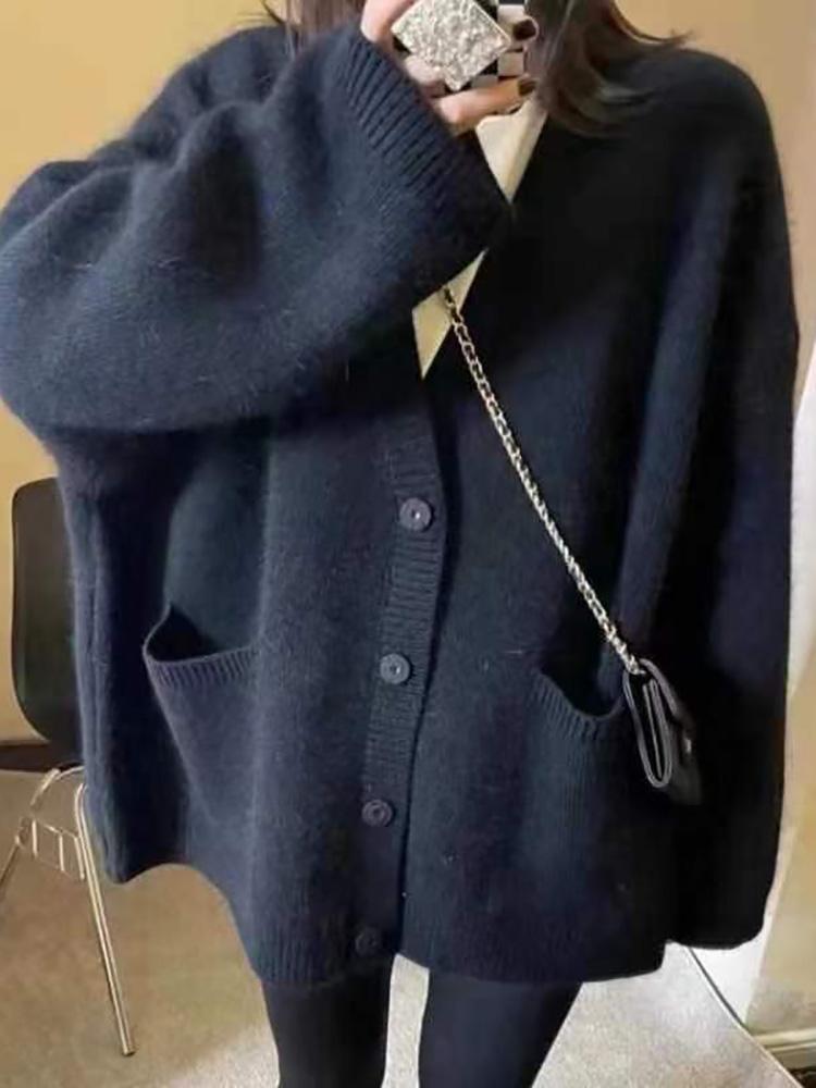 Cardigan elegant cu decolteu în V, toamnă-iarnă 2024, model albastru, tricotat