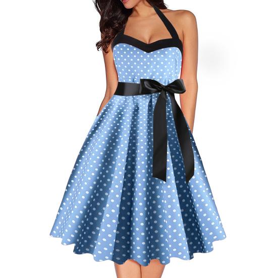 Dot Print Off Shoulder Backless Bowknot Decor A-Line Gown Dress Halter Bandeau Skater Hem Party Dress Female Clothing