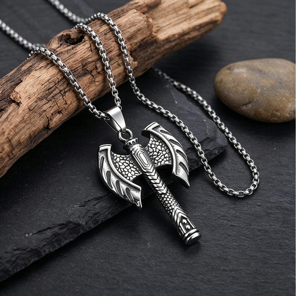 Silver Color Viking Axe Shaped Pendant Necklace Men Vintage Style Stainless Steel Neck Chain Punk Jewelry Fashion Gifts Rock