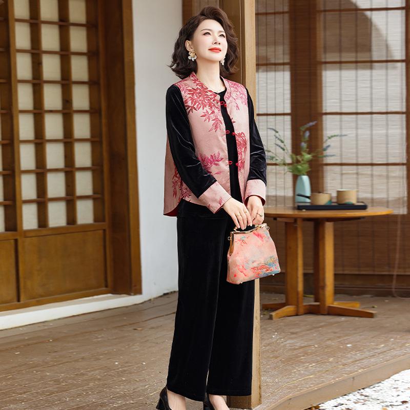 Reversible Gold Velvet Chinese National Style Vest Set for Middle-Aged & Elderly Women, Spring/Autumn
