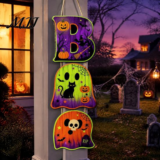 Creative Party Background Prop Halloween Wooden BOO Hanging Sign, Letter Pendants, Vintage Ghost Pumpkin Black Cat Durable Waterproof Wood Sign