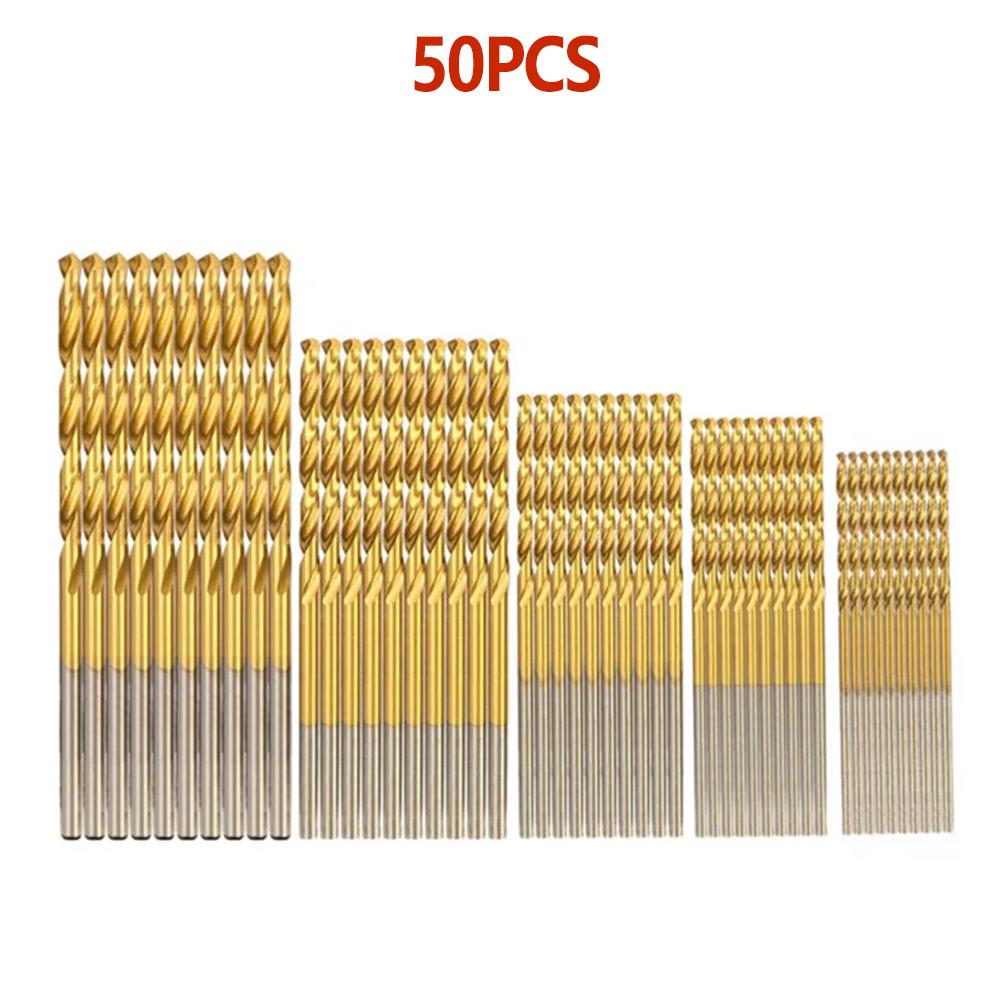 

50pcs Straight Shank Twist Drill Bit Set Titanium Coated High Speed Steel Wood Plastic Aluminium Cutter Woodworking Tool