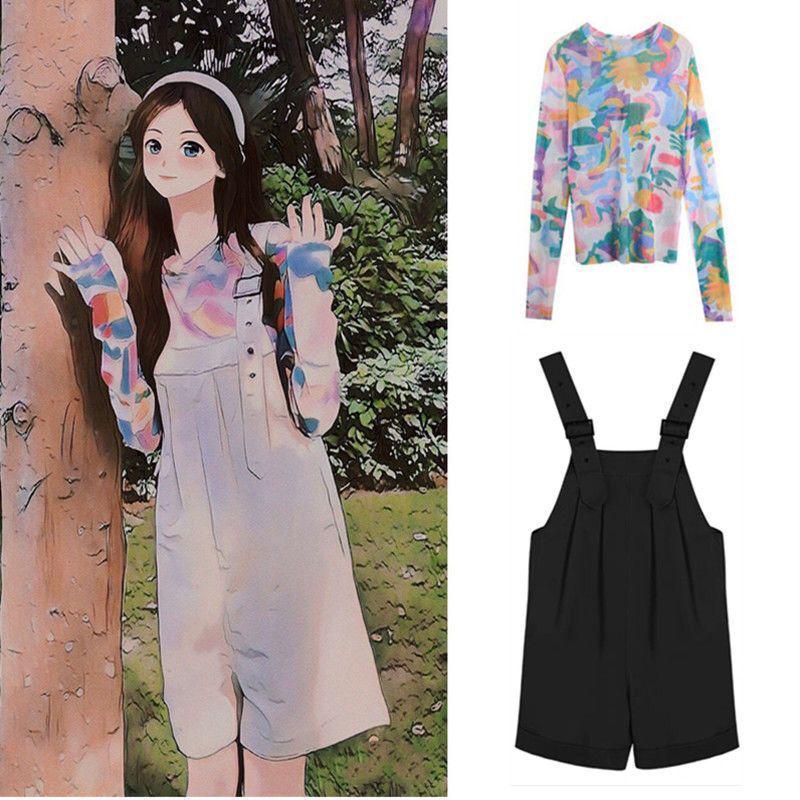 Korean Style Two-Piece Set: Loose Mesh Sun Protection Top + Fashionable Slimming Bib Shorts for Female Students.