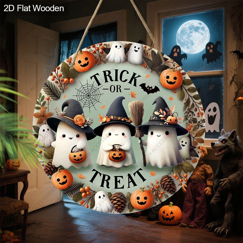 Trick Or Treat Cute Ghost Witch Hat Round Wooden Hanging Sign, 2D Flat Printed Halloween Front Door Decor, Pumpkin Spiderweb Fall Wall Ornament Gift