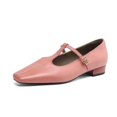 Cow Skin Spring Summer Size 41 Thick Low Heels Women Square Toe Metal Buckle Straps Shallow Pumps