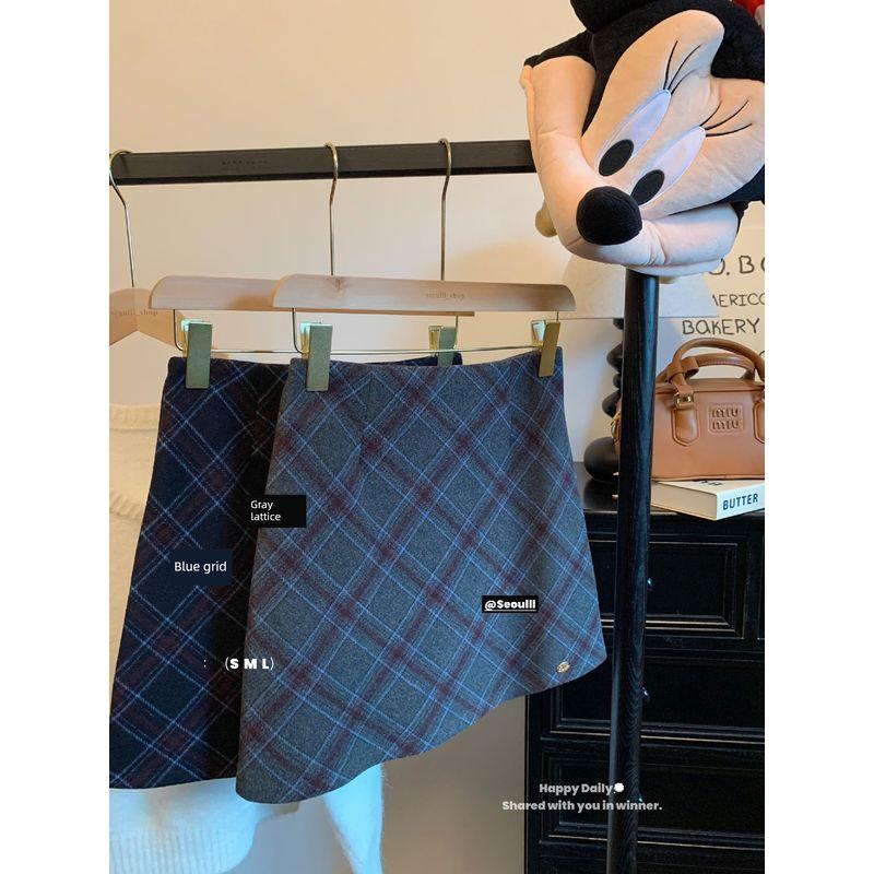 Kumikumi Preppy Contrast Color Plaid Retro All-Match Skirt Women's Autumn High Waist Slimming A- line Skirt Short dress