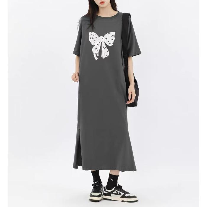 

Летнее новое платье с коротким рукавом и принтом бантиков для миниатюрных женщин, свободное и стройнящее платье-футболка длиной макси 4XL темно-серого
