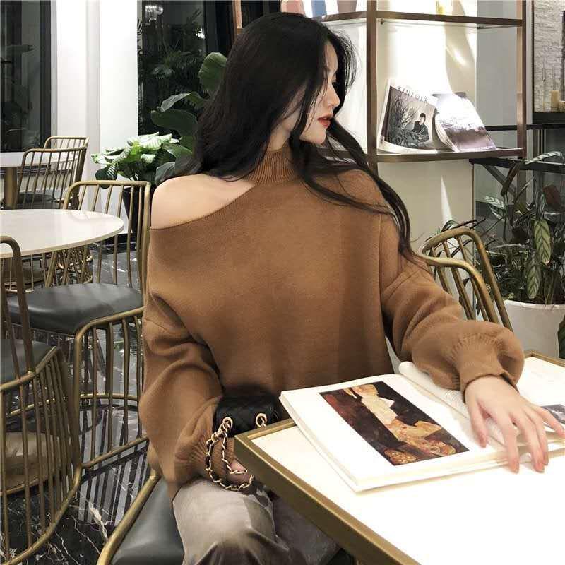 Korean-Style Off-the-Shoulder Halter Knit Sweater with Irregular Design - Autumn/Winter Versatile Top One Size белый