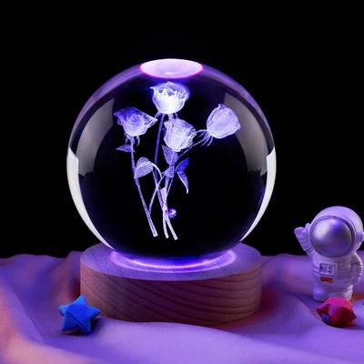 3D Roos Kristallen Bol Nachtlampje Verjaardag Vriendin Klasgenoot Kinderen Kerst Valentijnsdag Cadeau Slaapkamer Bureau Decoratie