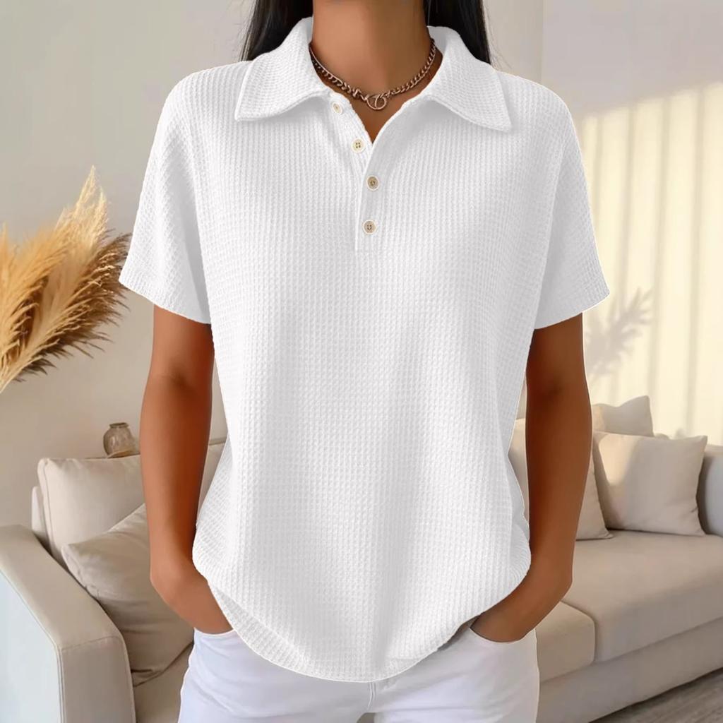 Spring Summer New Solid Color Waffle Loose Short Sleeve Fashion Polo Top Casual Tee for Women
