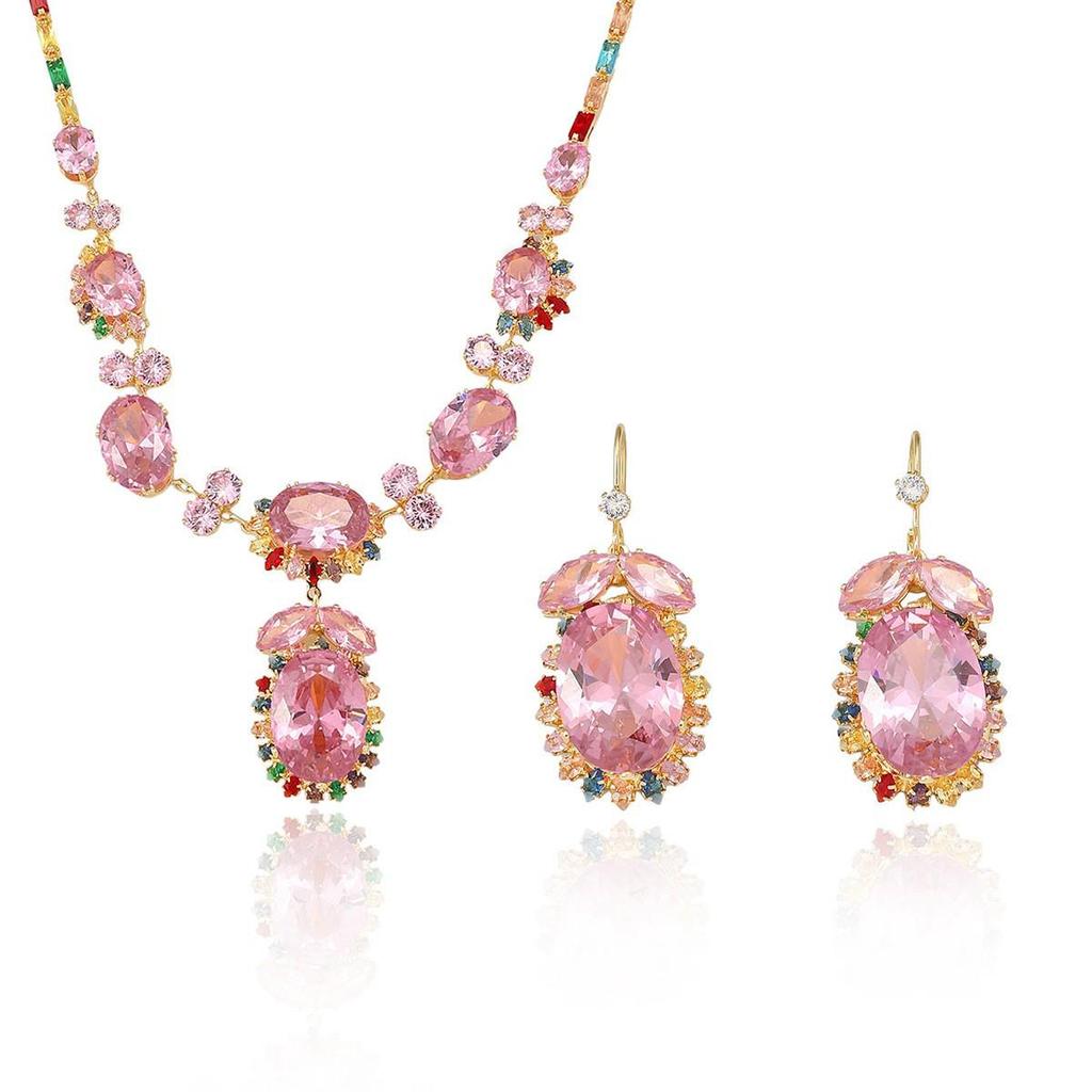 European & American Style Zircon Pink Flower Necklace & Earrings Set