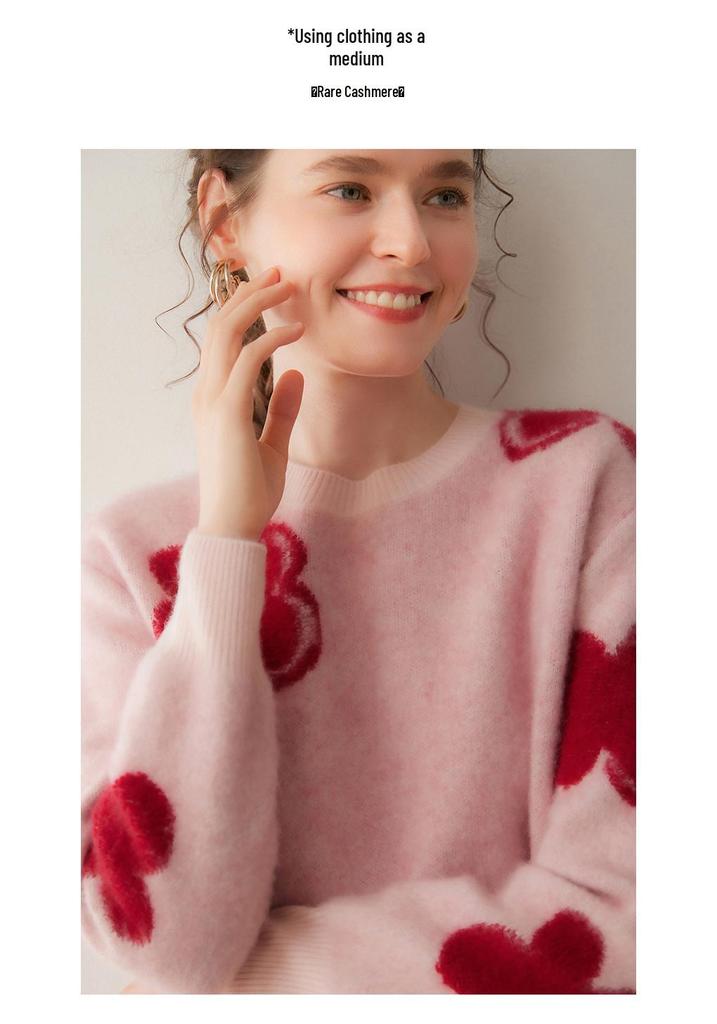 Lekasha Floral Cashmere Knit Sweater - Women's Autumn/Winter Round Neck Loose Fit