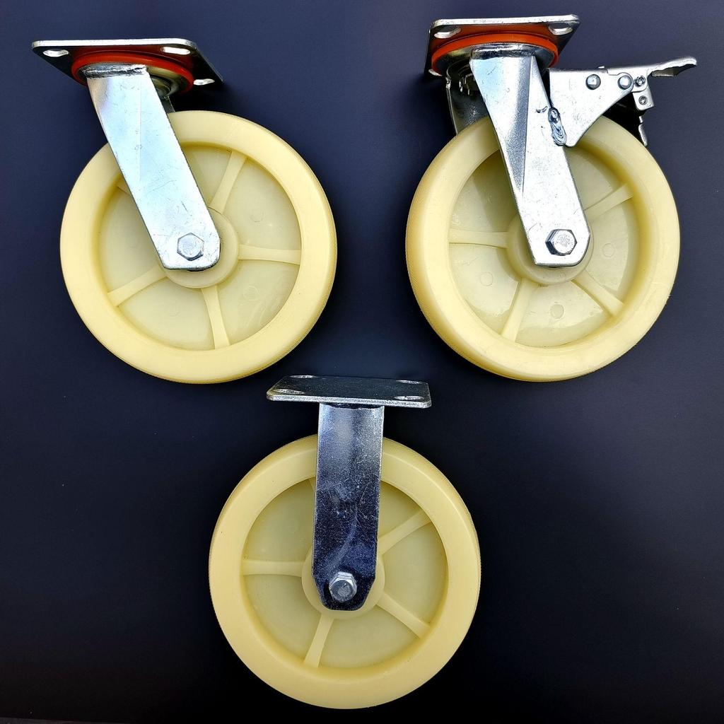 Heavy Duty Nylon Swivel and Fixed Caster Wheels with Brakes for Trolleys and Industrial Use