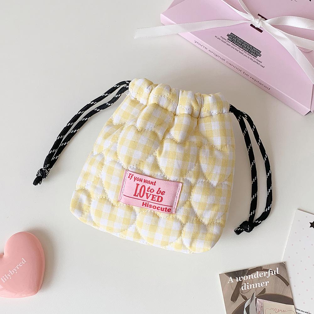 Ins Korean Plaid Drawstring Makeup Bag for Girls Portable Skincare Organizer Travel Organizer Bags Toiletry Bag Drawstring Bags