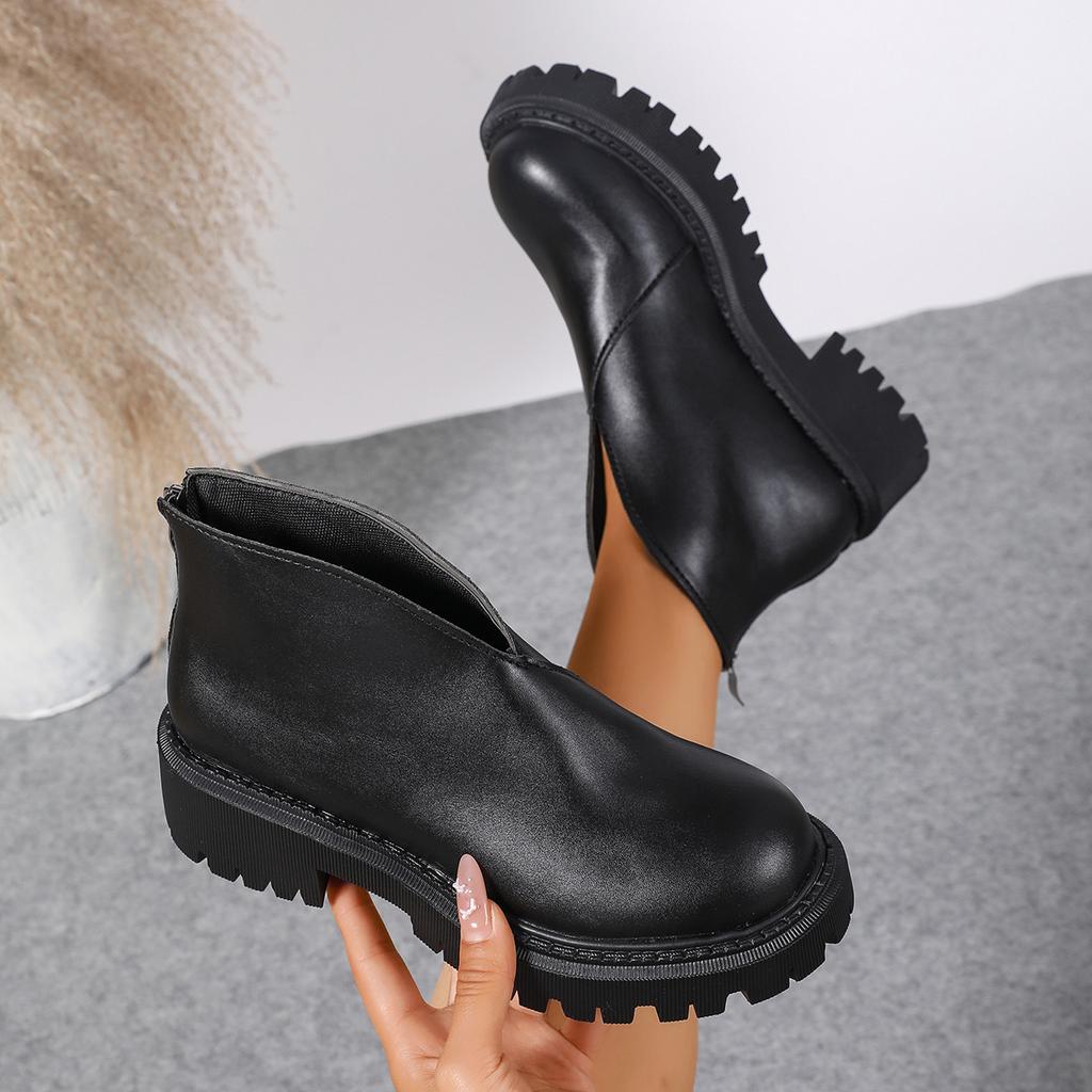 Fashion 2025 Autumn New Thick Sole Ankle Boots for Women Chunky High Heel Back Zipper Short Botines Casual Solid Round Toe Women Shoes