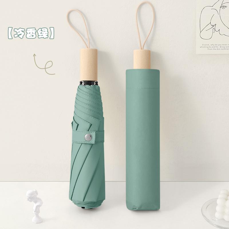 New three-fold simple plain color windproof and sun protection creative solid wood handle female vinyl parasol