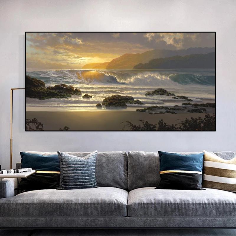 Zachód słońca Plażowy krajobraz Malarstwo na płótnie Fala morska Pejzaż morski Plakaty i druki Skandynawskie obrazy na ścianę Wystrój domu Bez ramy Bez ramy