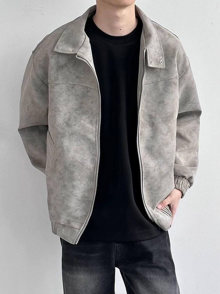 Men's Trendy American Style Leather Bomber Jacket - Loose Fit, Lapel Short Motorcycle Design for Autumn
