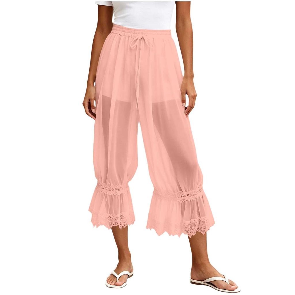 Women's Casual Pants with Lace and Sheer Mesh Trim, Lined, for Everyday Wear